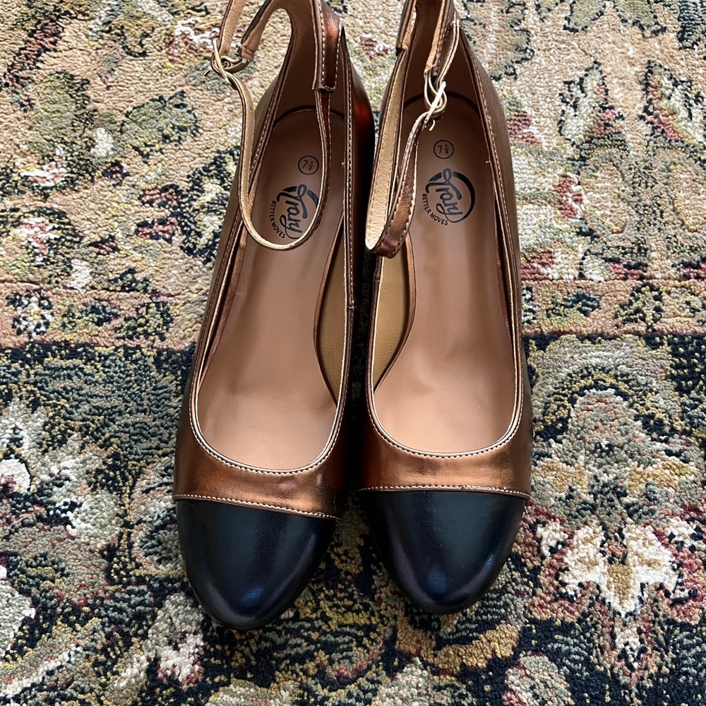 New ankle strap pumps; Elegant Black and Bronze Heels